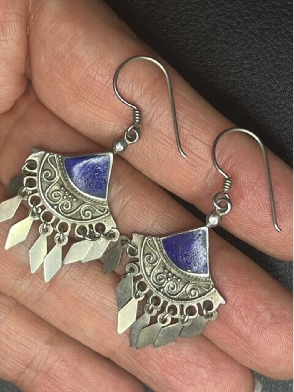 B7423 Sterling Silver Lapis Lazuli Fan Dangle Earrings Scrollwork Boho 2"